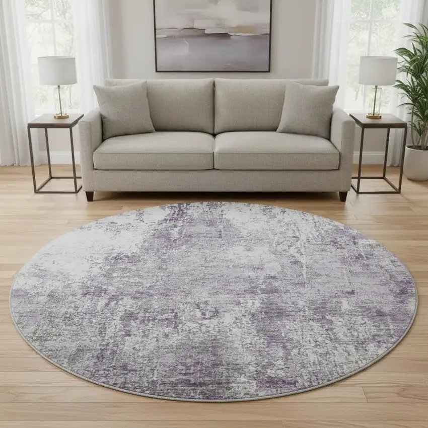 8' Plum And Ivory Abstract Washable Round Rug With UV Protection Photo 2