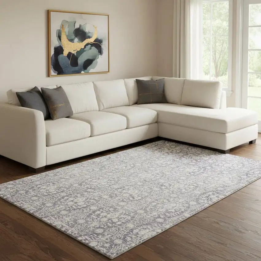 8' Plum And Ivory Damask Washable Area Rug With UV Protection Photo 2