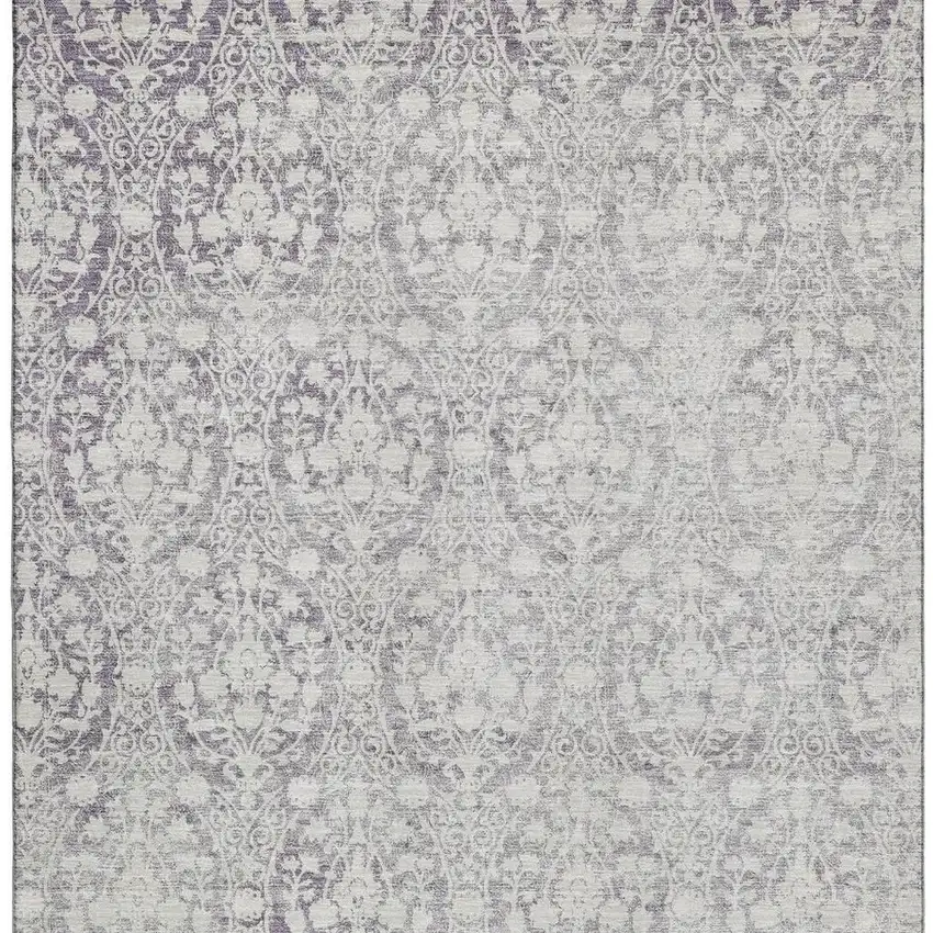 8' Plum And Ivory Damask Washable Area Rug With UV Protection Photo 3