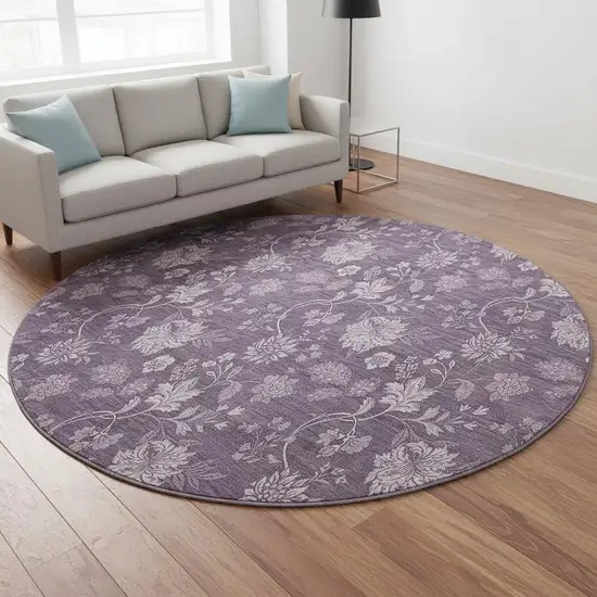 8' Plum And Ivory Floral Washable Round Rug With UV Protection Photo 2