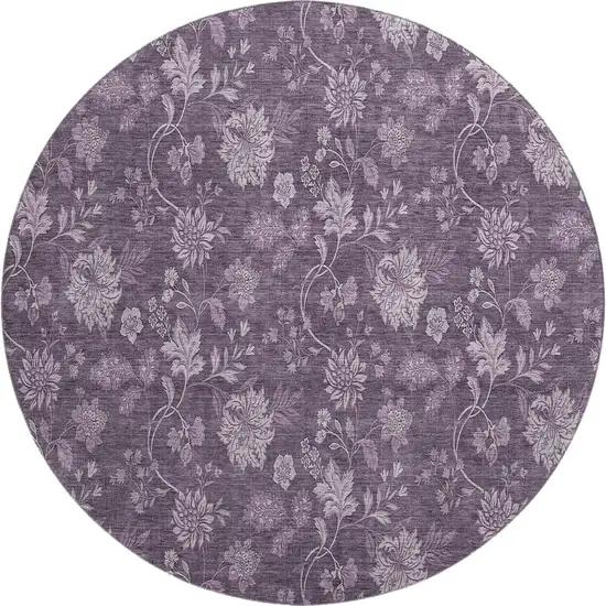 8' Plum And Ivory Floral Washable Round Rug With UV Protection Photo 1