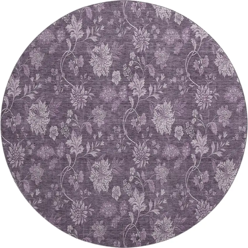 8' Plum And Ivory Floral Washable Round Rug With UV Protection Photo 1