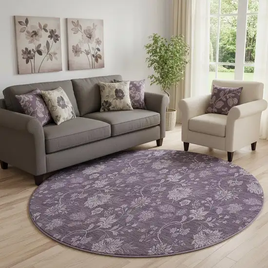 8' Plum And Ivory Floral Washable Round Rug With UV Protection Photo 1