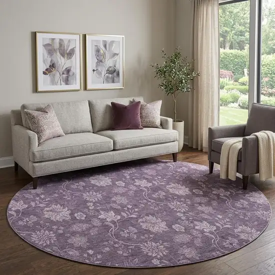 8' Plum And Ivory Floral Washable Round Rug With UV Protection Photo 1