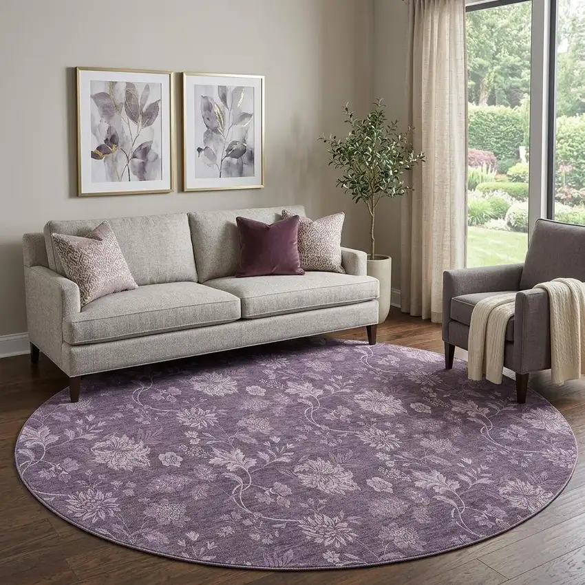 8' Plum And Ivory Floral Washable Round Rug With UV Protection Photo 1
