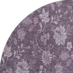 Photo of 8' Plum And Ivory Floral Washable Round Rug With UV Protection