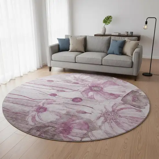 8' Plum And Ivory Floral Washable Round Rug With UV Protection Photo 2
