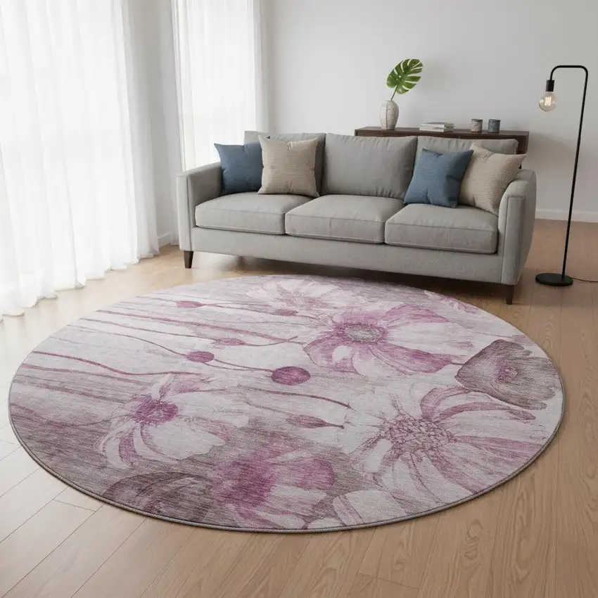 8' Plum And Ivory Floral Washable Round Rug With UV Protection Photo 2