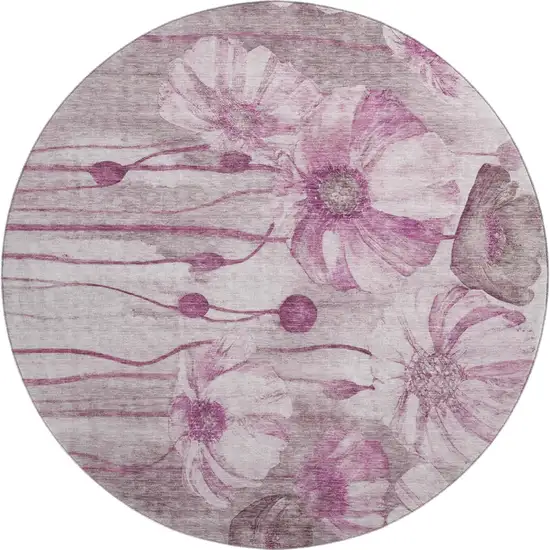 8' Plum And Ivory Floral Washable Round Rug With UV Protection Photo 2