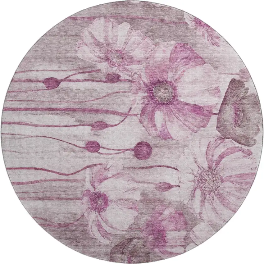 8' Plum And Ivory Floral Washable Round Rug With UV Protection Photo 2