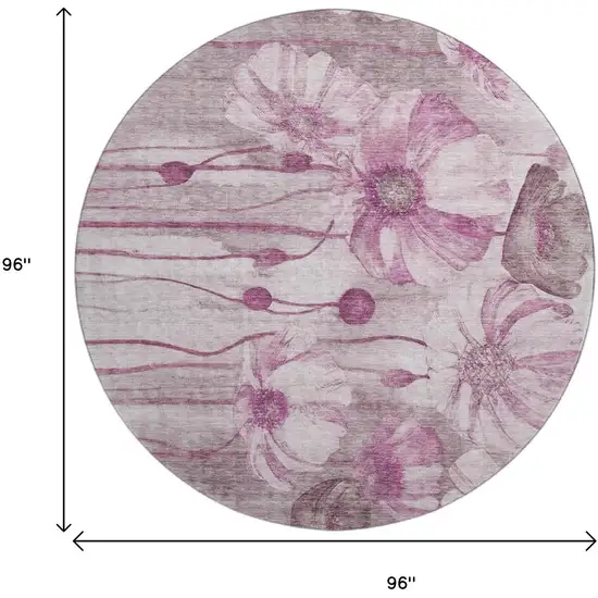8' Plum And Ivory Floral Washable Round Rug With UV Protection Photo 4
