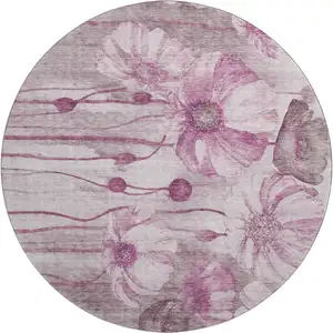 Photo of 8' Plum And Ivory Floral Washable Round Rug With UV Protection
