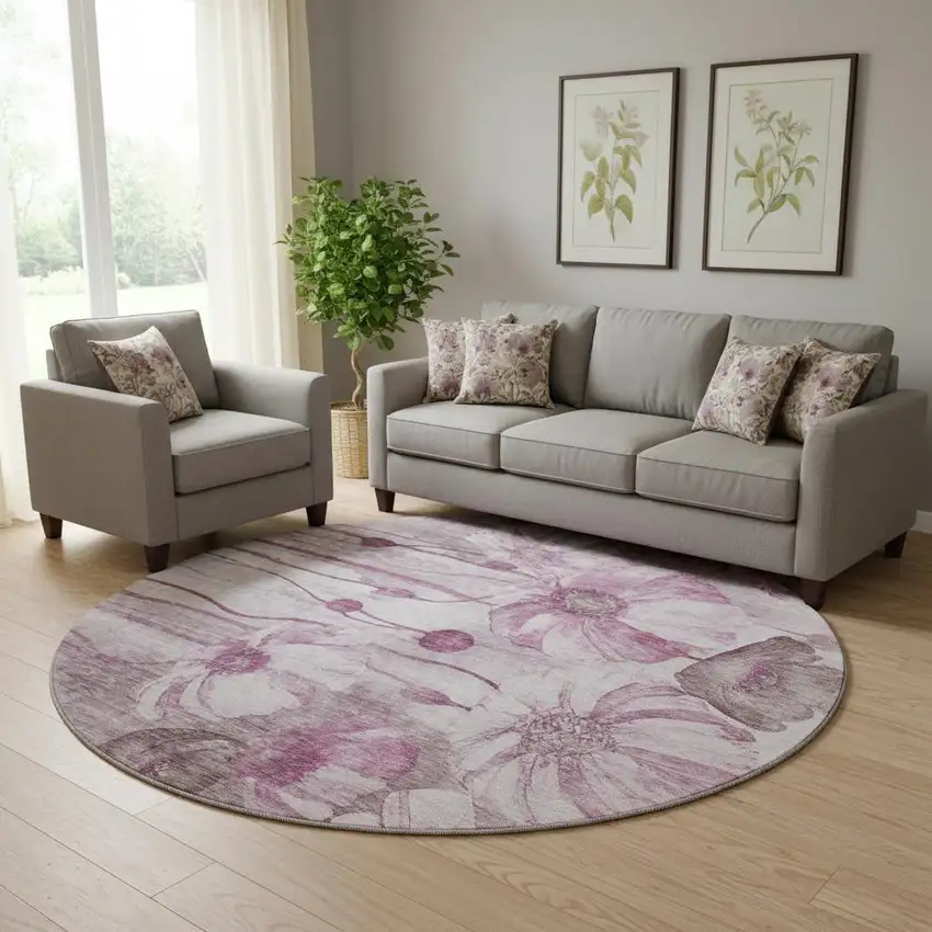 8' Plum And Ivory Floral Washable Round Rug With UV Protection Photo 1