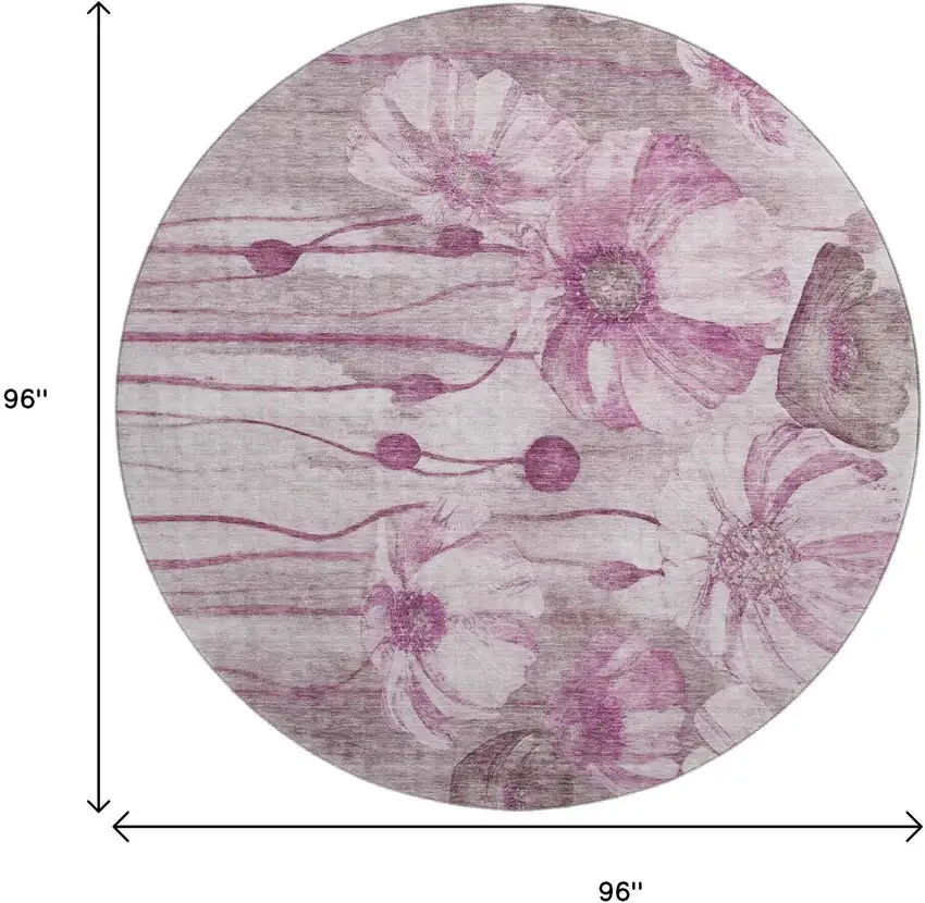 8' Plum And Ivory Floral Washable Round Rug With UV Protection Photo 5