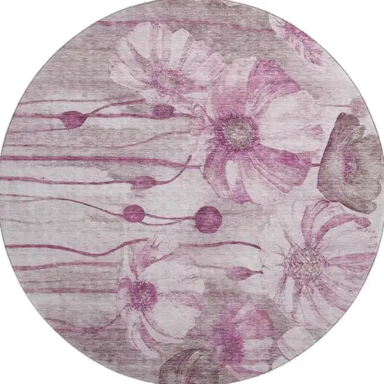 8' Plum And Ivory Floral Washable Round Rug With UV Protection Photo 3