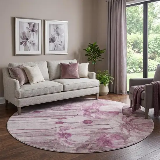 8' Plum And Ivory Floral Washable Round Rug With UV Protection Photo 1