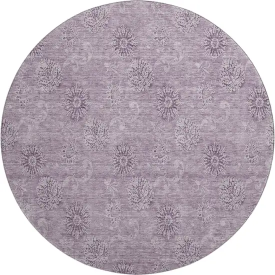 8' Plum And Ivory Floral Washable Round Rug With UV Protection Photo 1