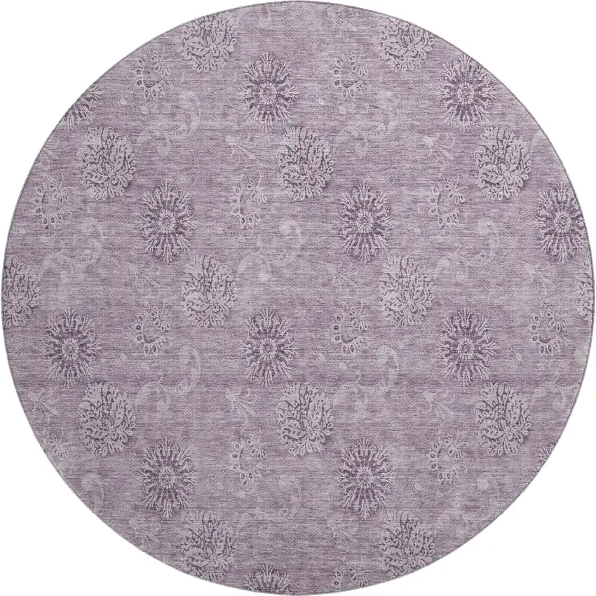 8' Plum And Ivory Floral Washable Round Rug With UV Protection Photo 1