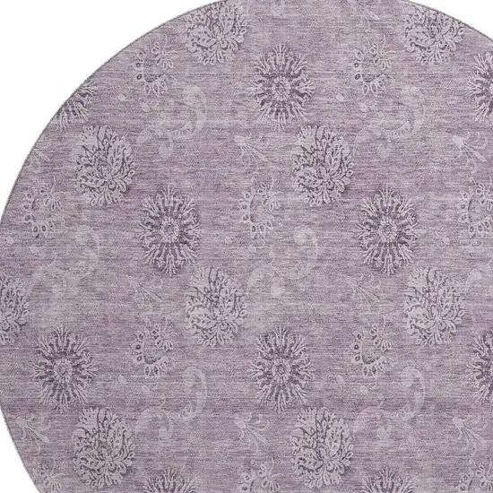 8' Plum And Ivory Floral Washable Round Rug With UV Protection Photo 3