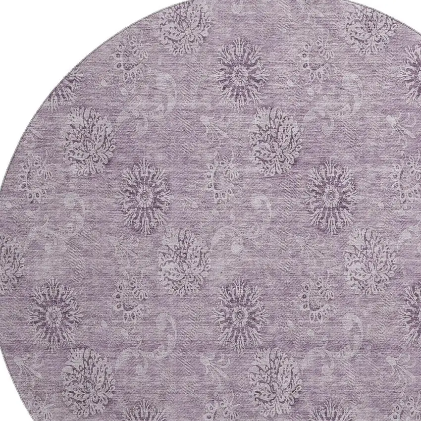 8' Plum And Ivory Floral Washable Round Rug With UV Protection Photo 3