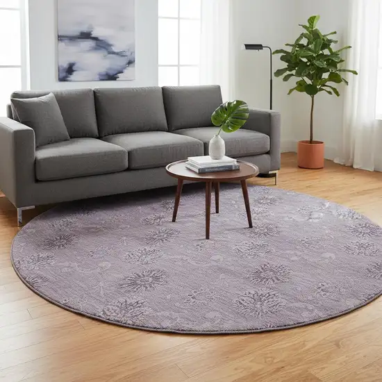 8' Plum And Ivory Floral Washable Round Rug With UV Protection Photo 2
