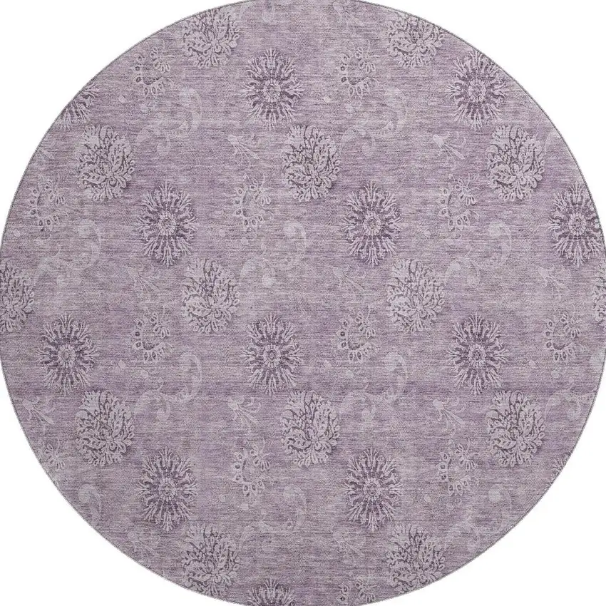 8' Plum And Ivory Floral Washable Round Rug With UV Protection Photo 4