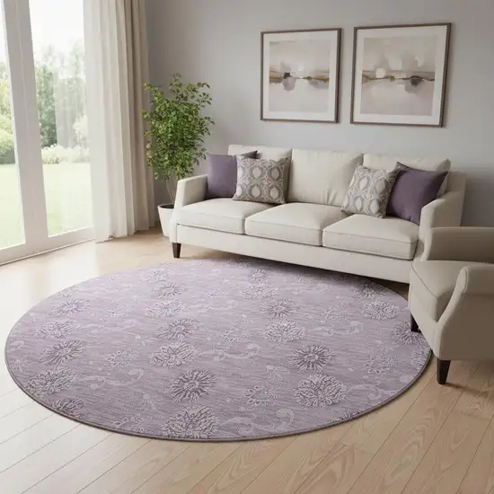 8' Plum And Ivory Floral Washable Round Rug With UV Protection Photo 1