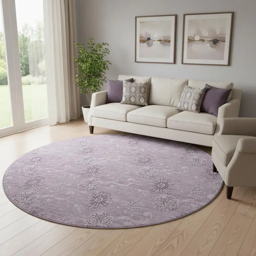 8' Plum And Ivory Floral Washable Round Rug With UV Protection Photo 1
