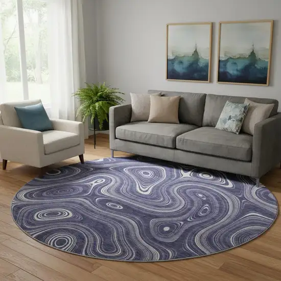 8' Plum And Ivory Geometric Washable Round Rug With UV Protection Photo 2