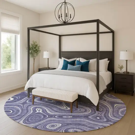 8' Plum And Ivory Geometric Washable Round Rug With UV Protection Photo 5