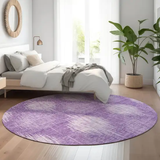 8' Plum And Ivory Ikat Washable Round Rug With UV Protection Photo 5