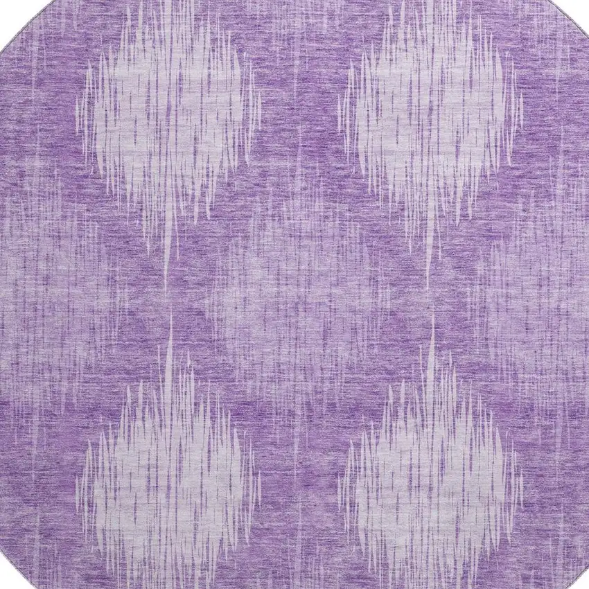 8' Plum And Ivory Ikat Washable Round Rug With UV Protection Photo 3
