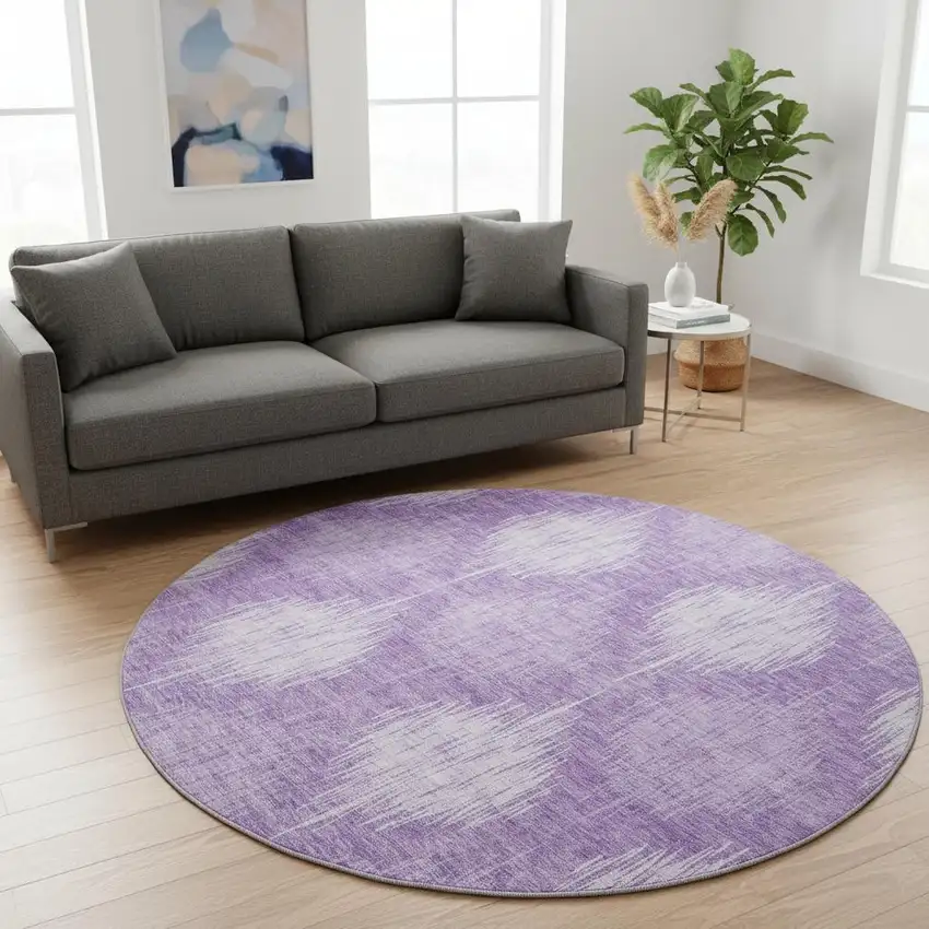 8' Plum And Ivory Ikat Washable Round Rug With UV Protection Photo 2