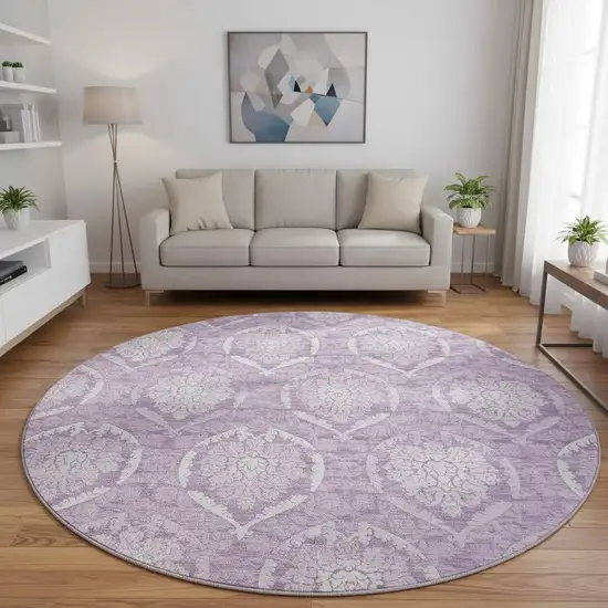 8' Plum And Ivory Medallion Washable Round Rug With UV Protection Photo 2
