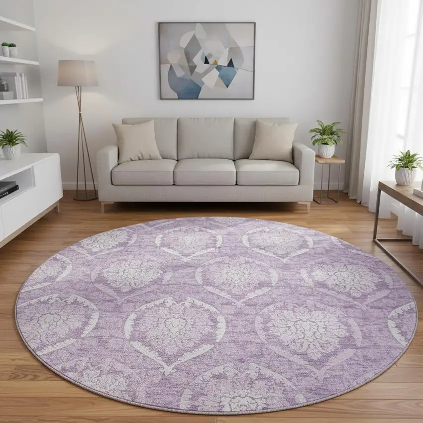 8' Plum And Ivory Medallion Washable Round Rug With UV Protection Photo 2