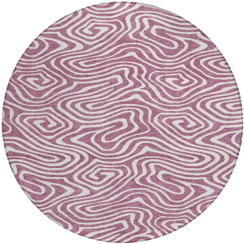 8' Plum And Ivory Round Abstract Washable Indoor Outdoor Area Rug Photo 2