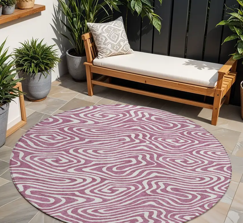 8' Plum And Ivory Round Abstract Washable Indoor Outdoor Area Rug Photo 1