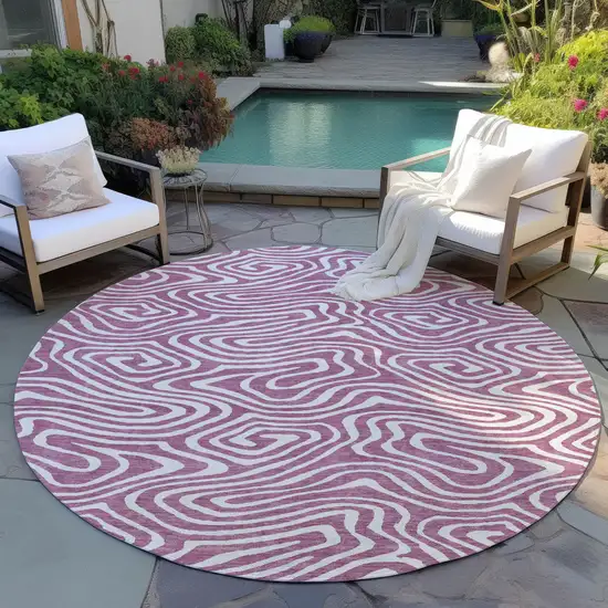 8' Plum And Ivory Round Abstract Washable Indoor Outdoor Area Rug Photo 7