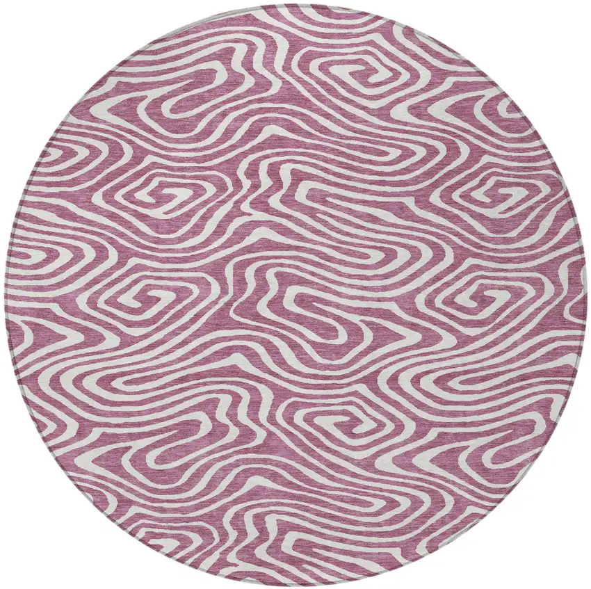 8' Plum And Ivory Round Abstract Washable Indoor Outdoor Area Rug Photo 6