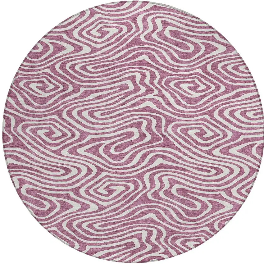 8' Plum And Ivory Round Abstract Washable Indoor Outdoor Area Rug Photo 5