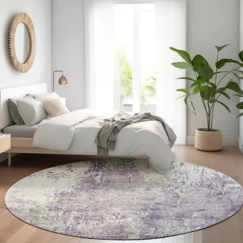 8' Plum And Ivory Round Abstract Washable Indoor Outdoor Area Rug Photo 6