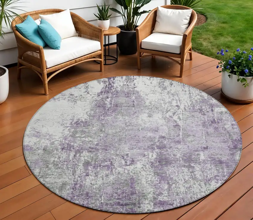 8' Plum And Ivory Round Abstract Washable Indoor Outdoor Area Rug Photo 2