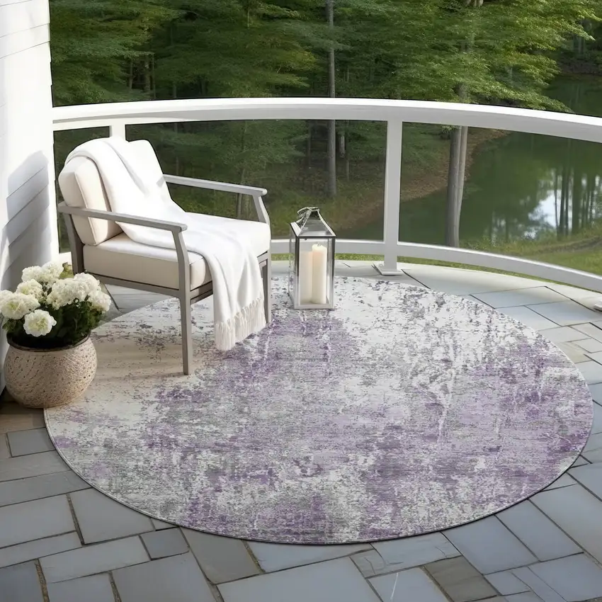 8' Plum And Ivory Round Abstract Washable Indoor Outdoor Area Rug Photo 5