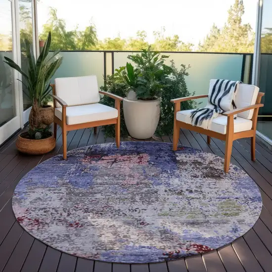 8' Plum And Ivory Round Abstract Washable Indoor Outdoor Area Rug Photo 5