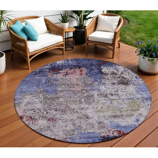 8' Plum And Ivory Round Abstract Washable Indoor Outdoor Area Rug Photo 2