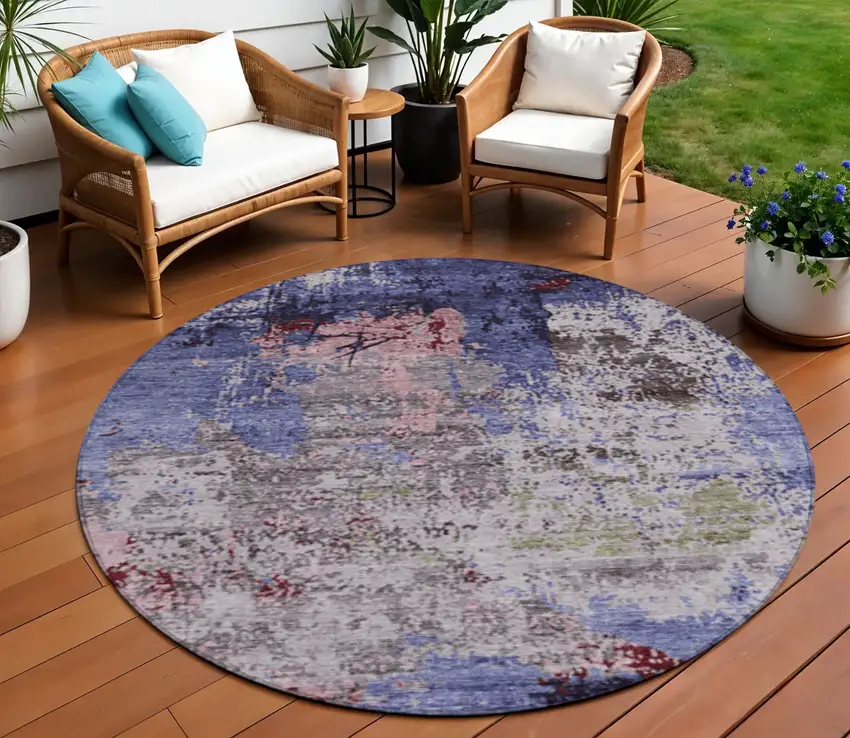 8' Plum And Ivory Round Abstract Washable Indoor Outdoor Area Rug Photo 2
