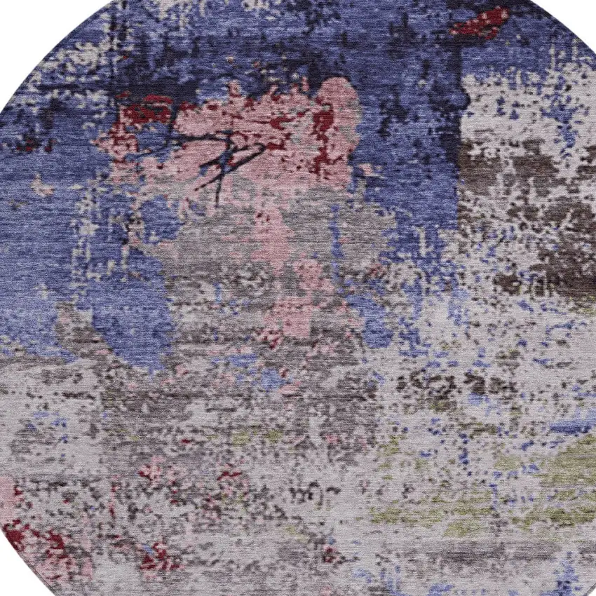 8' Plum And Ivory Round Abstract Washable Indoor Outdoor Area Rug Photo 8