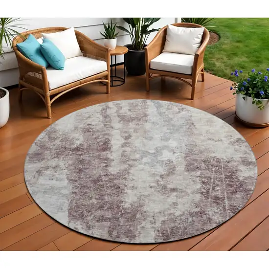 8' Plum And Ivory Round Abstract Washable Indoor Outdoor Area Rug Photo 1