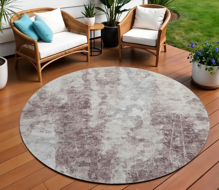 8' Plum And Ivory Round Abstract Washable Indoor Outdoor Area Rug Photo 1