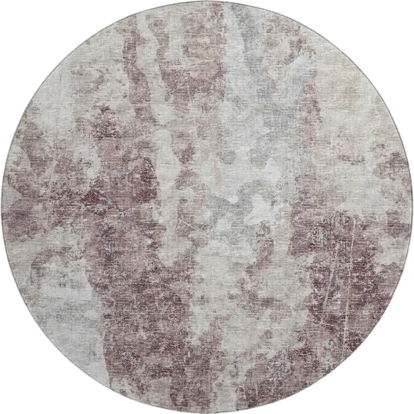 8' Plum And Ivory Round Abstract Washable Indoor Outdoor Area Rug Photo 2
